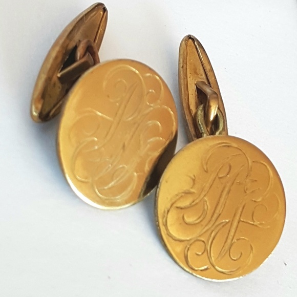 Vintage Cuff Links Small 1940s Round Monogram Brass Retro Unisex - Picture 3 of 5